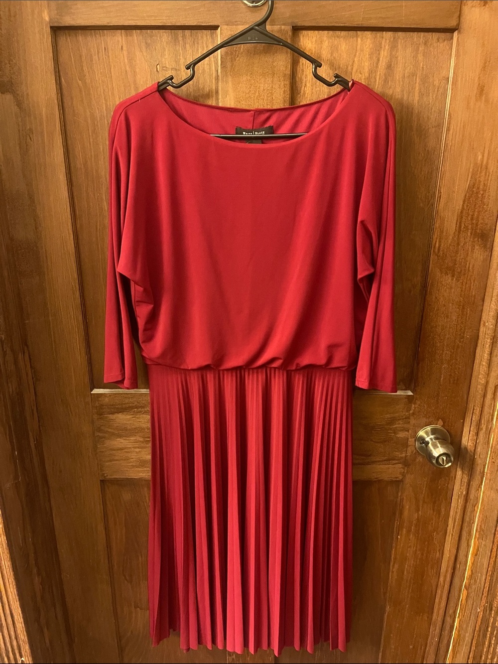White House Black Market Red Pleated Midi Dress with Blouson Top and Long Sleeve